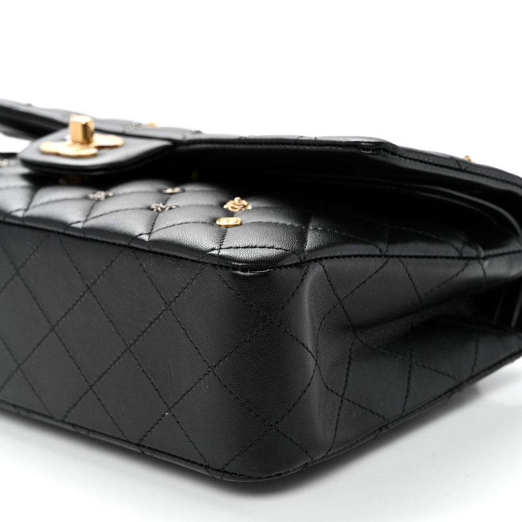 Lambskin Quilted Studded Medium Double Flap Black