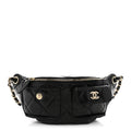 Shiny Aged Calfskin Quilted CC Pockets Jacket Waist Belt Bag Black