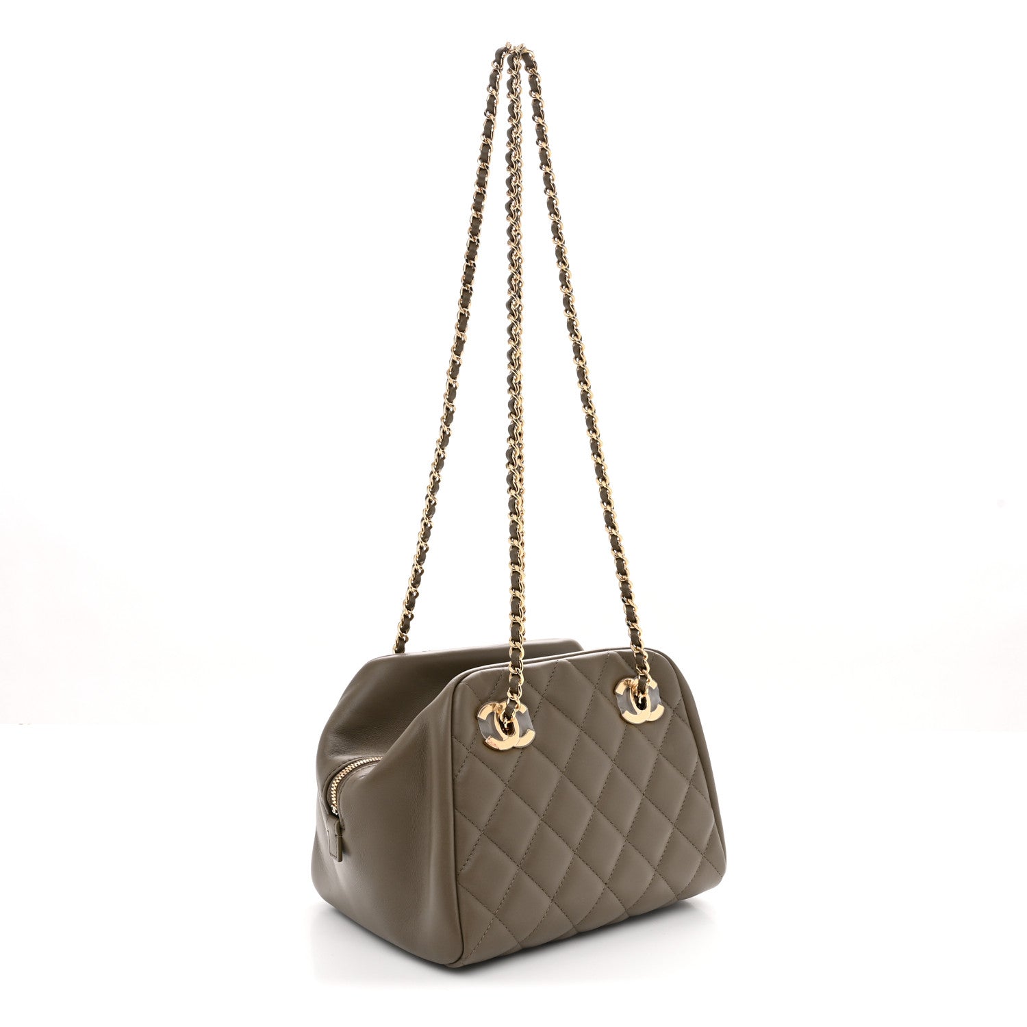 Lambskin Quilted Small CC Bowling Bag Dark Khaki