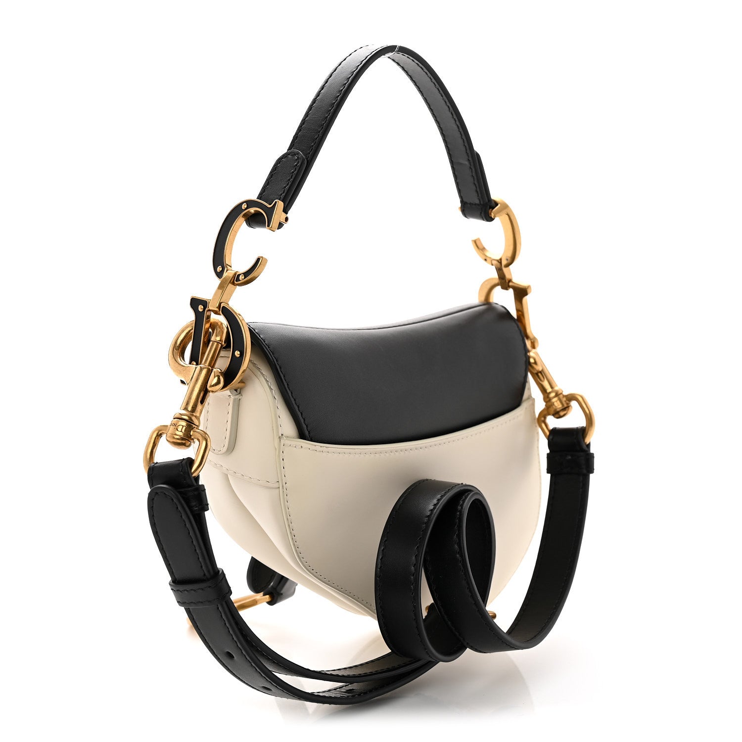 Supple Calfskin Two Tone Mini Saddle Bag With Strap Latte Black