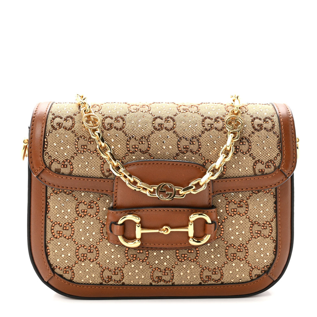 New Canvas Charisma Calfskin Crystal GG Monogram Mini Horsebit 1955 Shoulder Bag Camel Ebony