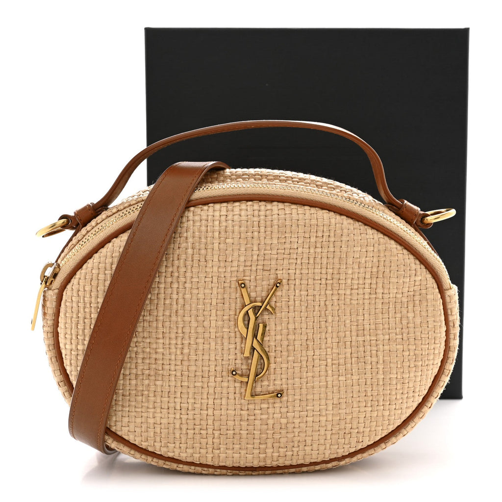 Raffia Calfskin Round Camera Bag Golden Ecru Brick