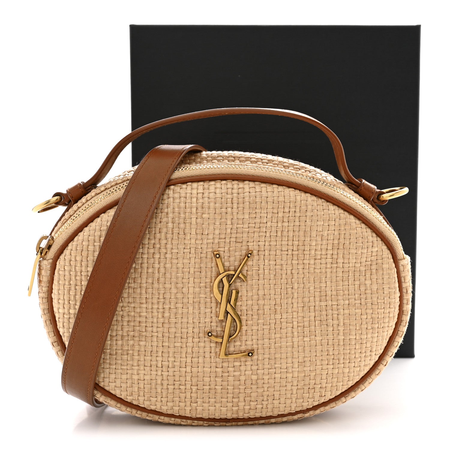 Raffia Calfskin Round Camera Bag Golden Ecru Brick