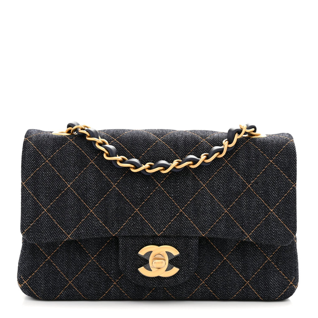 Denim Quilted Mini Rectangular Flap Dark Blue Orange