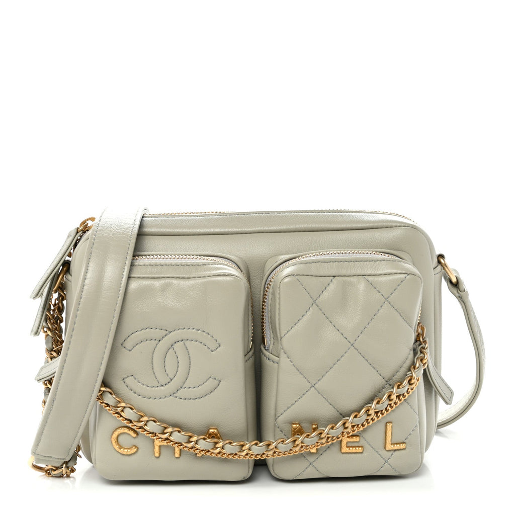 Calfskin Quilted Small Camera Case Grey