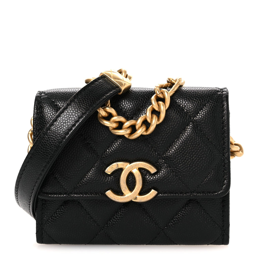Caviar Quilted Bracelet On Chain Clutch Black