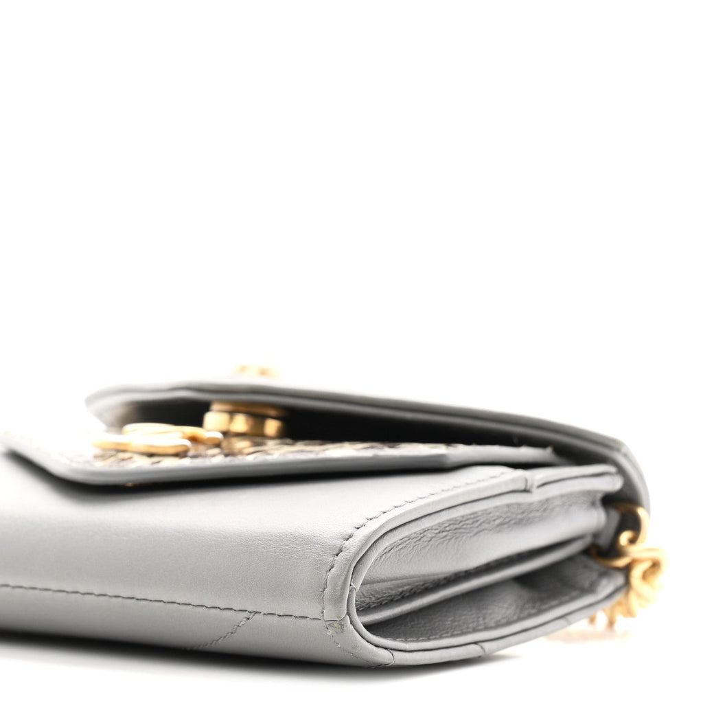 Calfskin Elaphe Double Chevron Card Case On Chain Grey