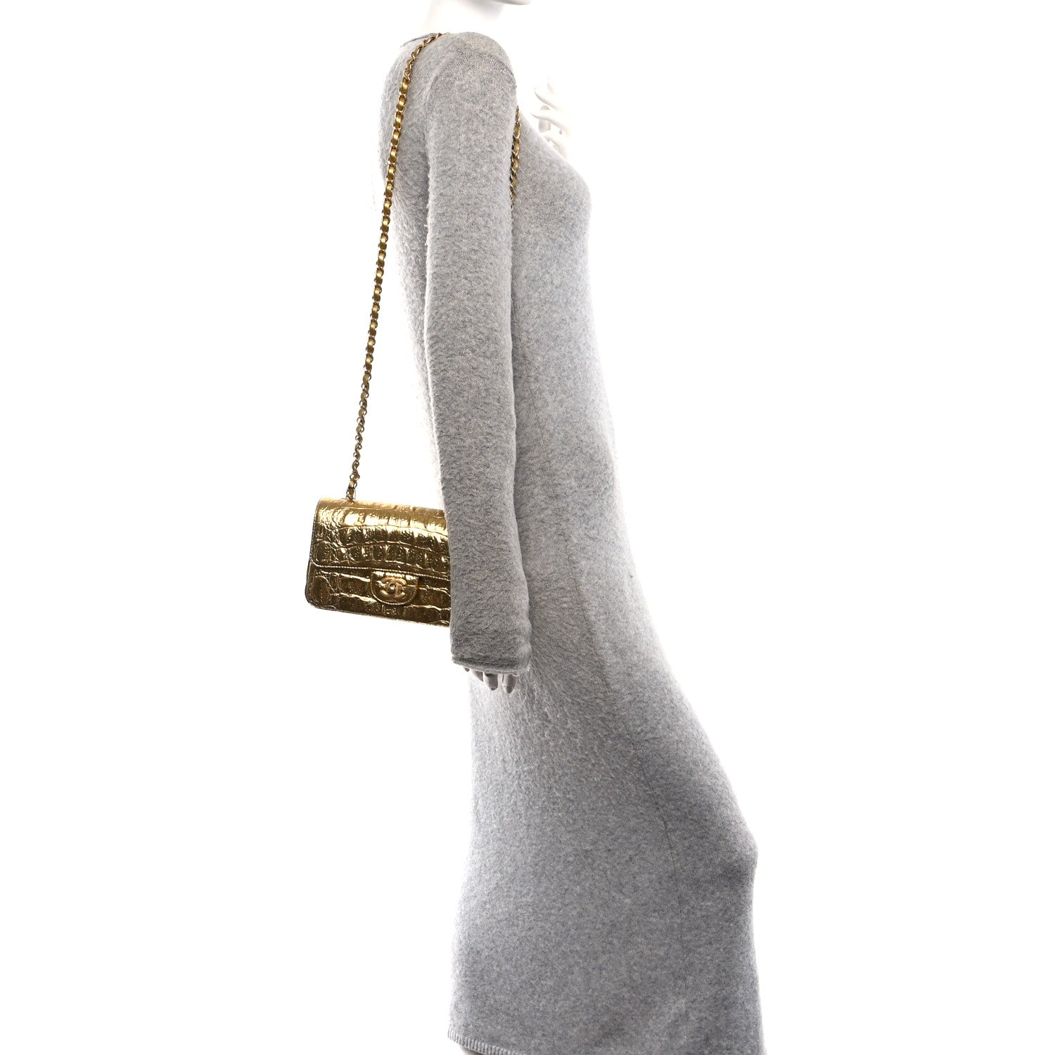 Metallic Calfskin Crocodile Embossed Cocodile Rectangular Mini Flap Gold