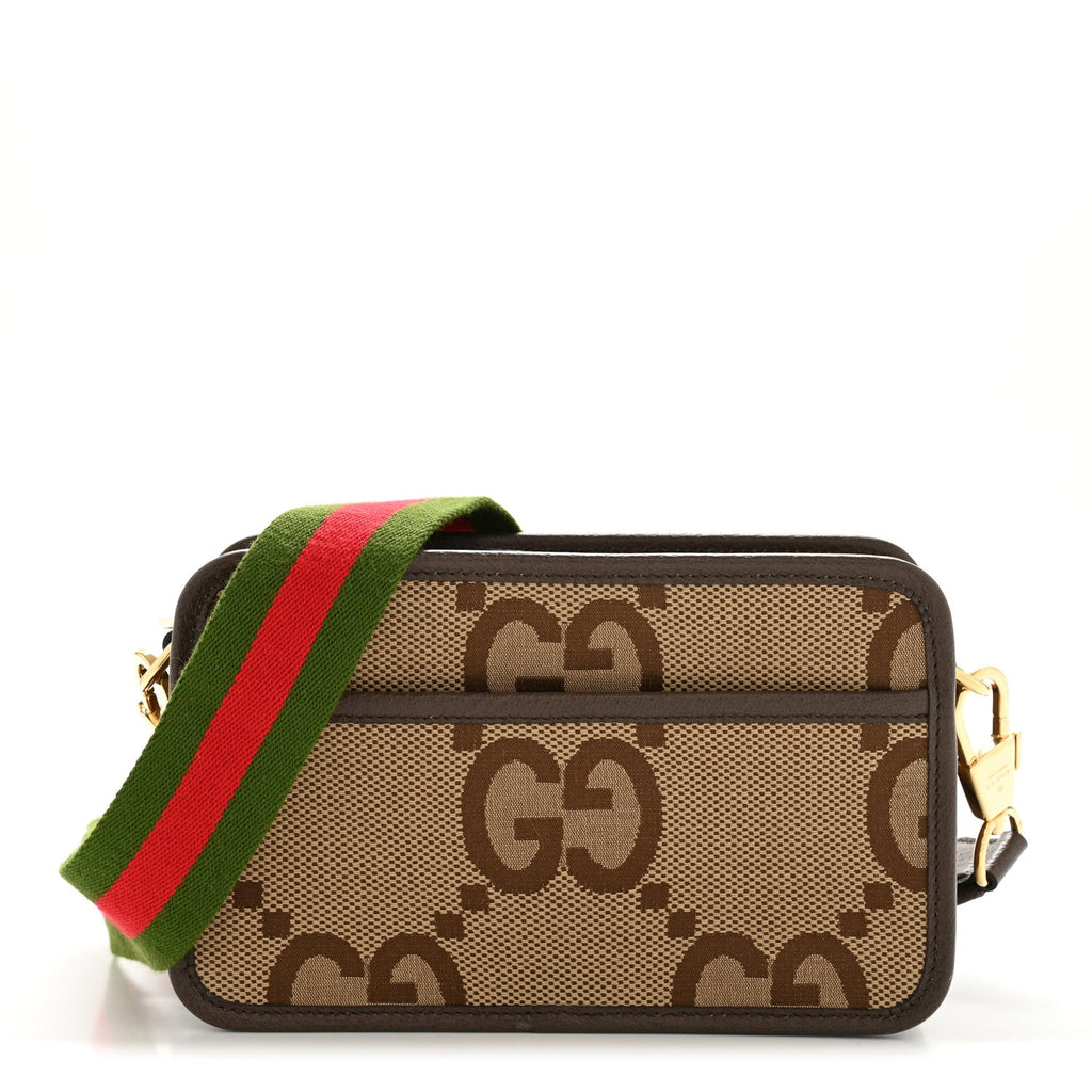 Monogram Jumbo GG Textured Dollar Calfskin Web Mini Crossbody Bag Camel Ebony New Acero
