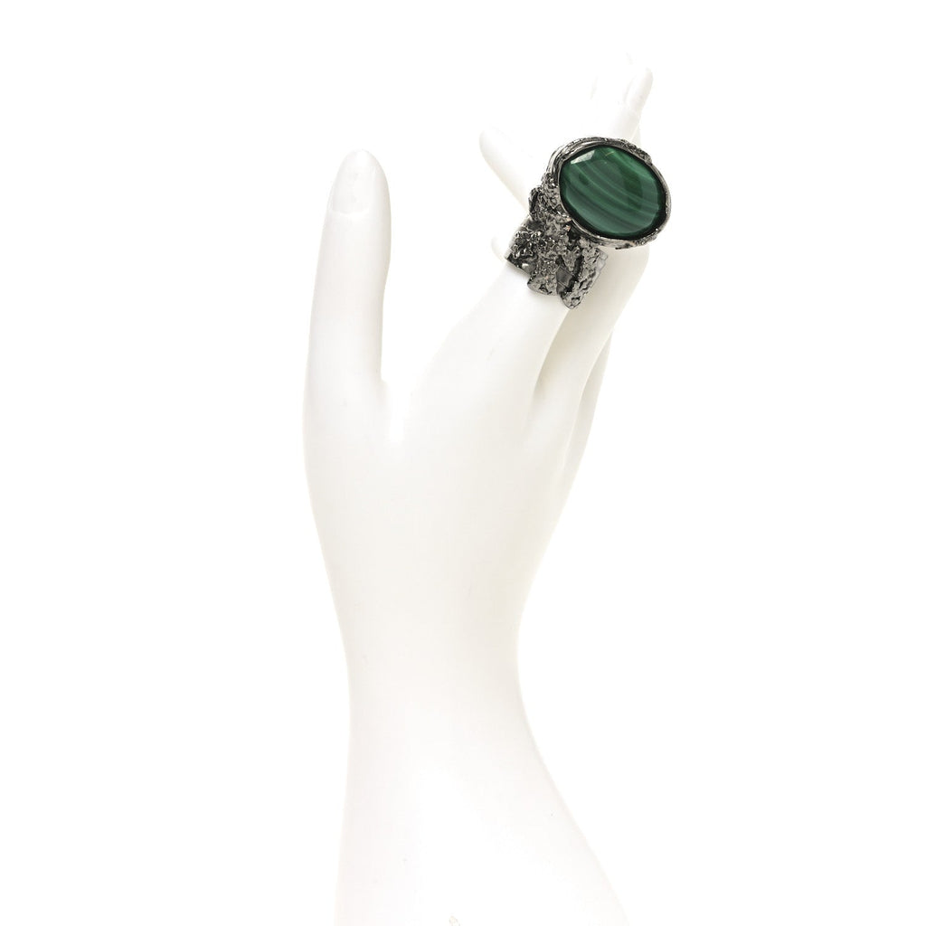 Glass Cabochon Arty Ovale Ring 8 Gunmetal Malachite