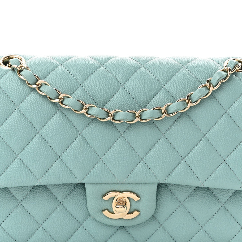 Caviar Quilted Medium Double Flap Light Blue Light Blue