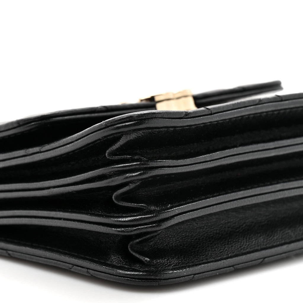Lambskin Metal Quilted Top Handle Flap Clutch With Chain Black