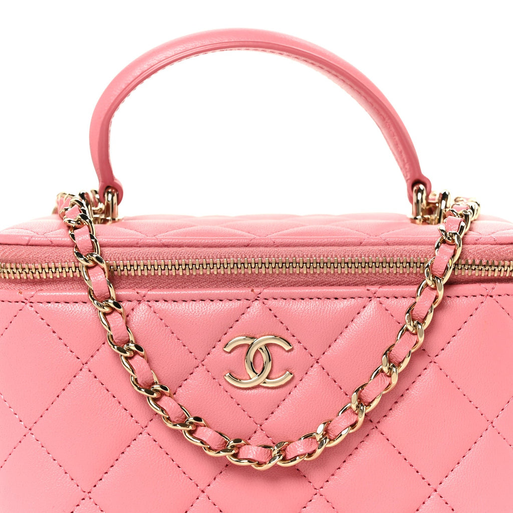 Lambskin Quilted Small Top Handle Vanity Case With Chain Pink