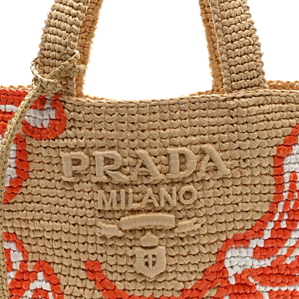 Yarn Raffia Effect Crochet Embroidered Floral Logo Tote Naturale Aranci