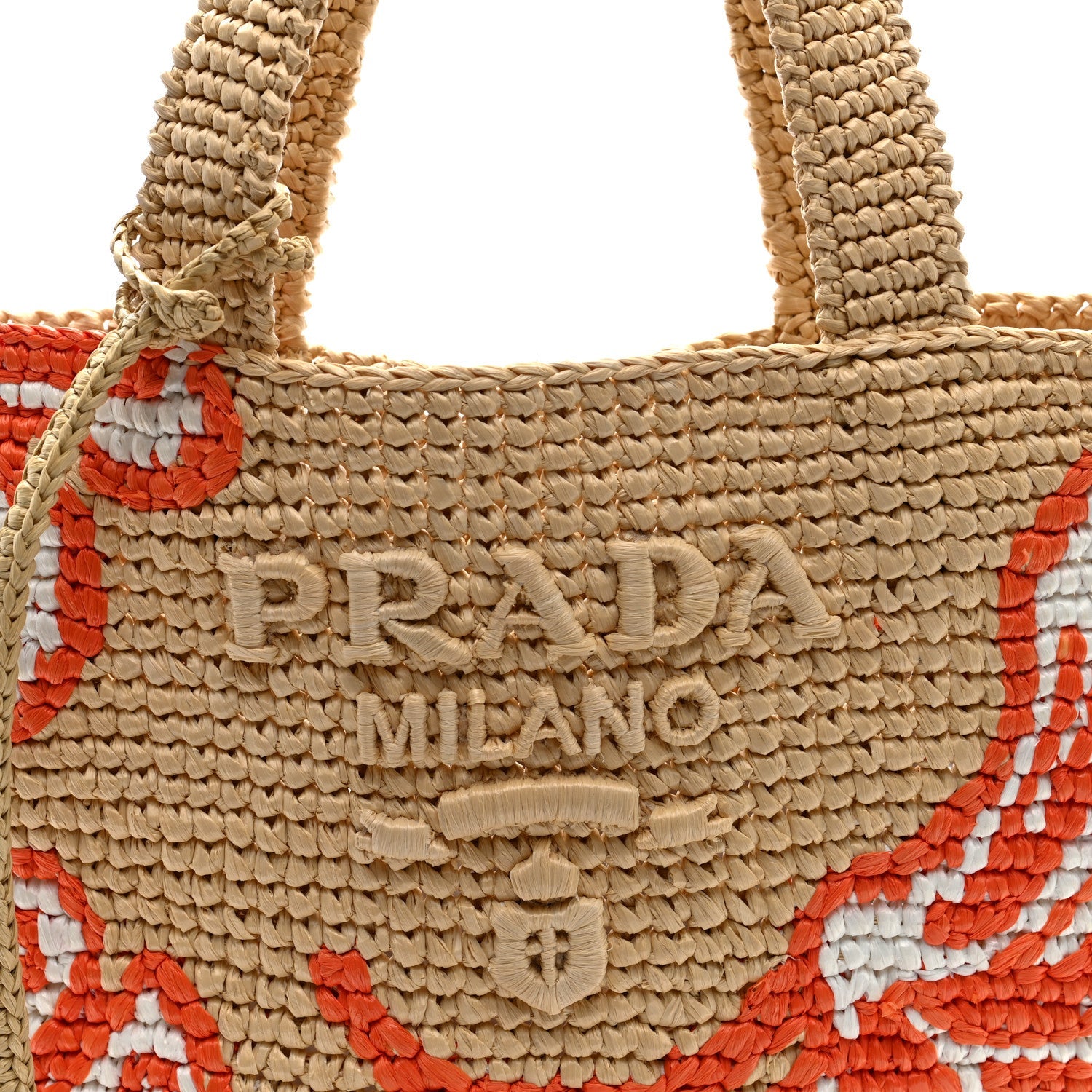Yarn Raffia Effect Crochet Embroidered Floral Logo Tote Naturale Aranci