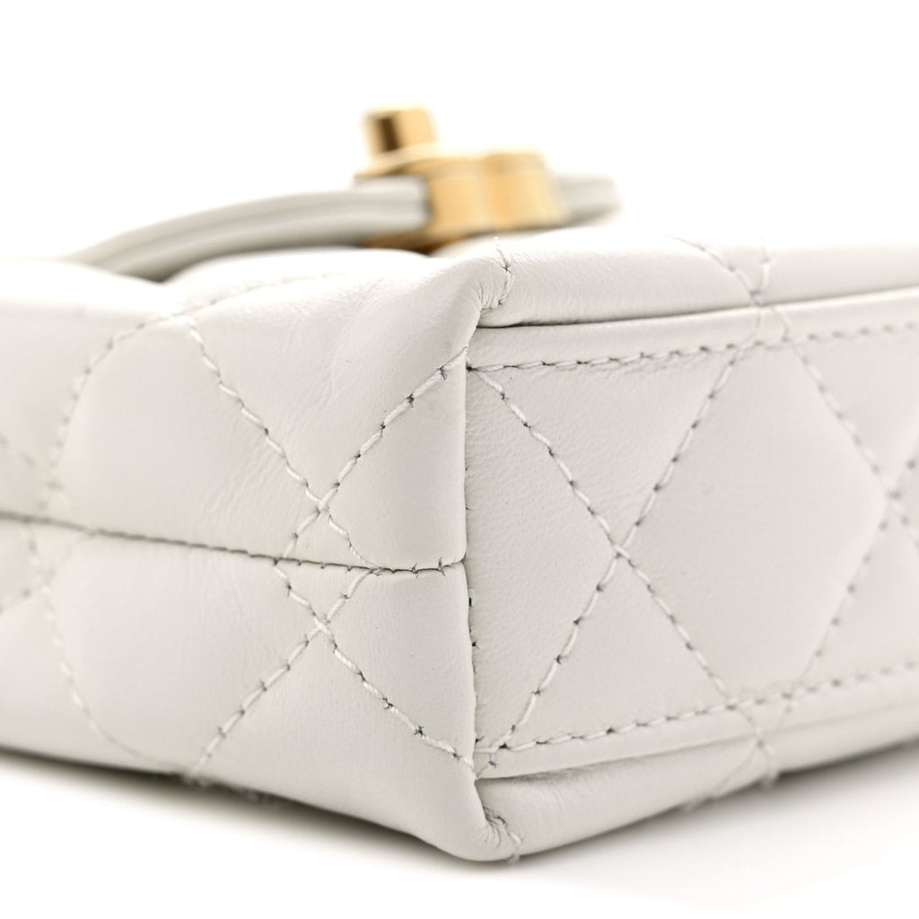 Shiny Aged Calfskin Quilted Mini Nano Kelly Shopper White