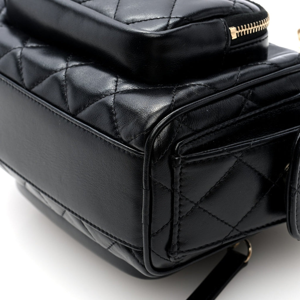 Shiny Crumpled Lambskin Quilted Small Preppy Pocket Camera Case Black