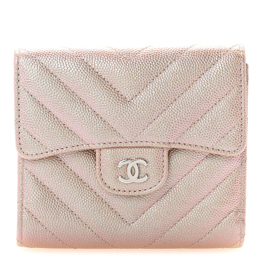 Metallic Caviar Chevron Quilted Compact Flap Wallet Light Gold