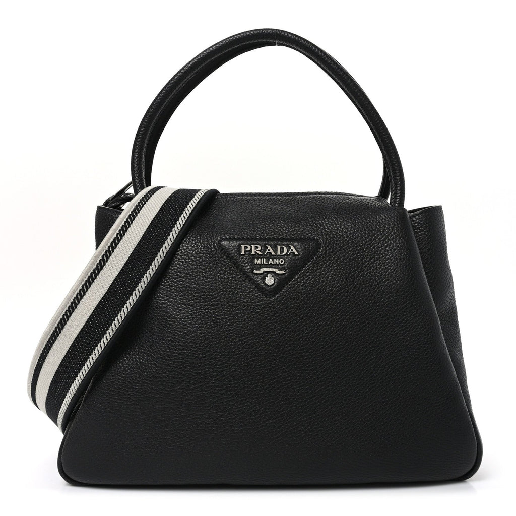 Vitello Daino Soft Medium Zippered Top Handle Bag Black