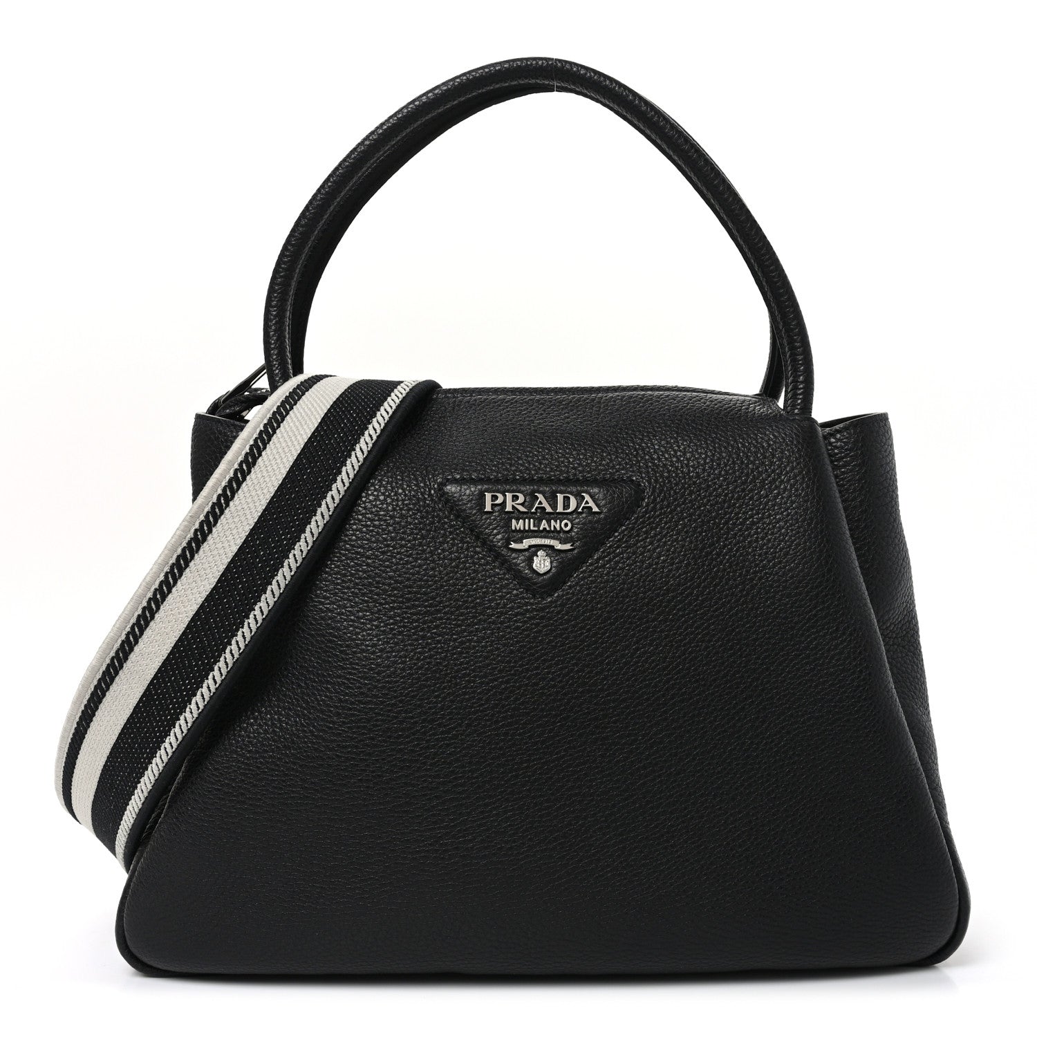 Vitello Daino Soft Medium Zippered Top Handle Bag Black