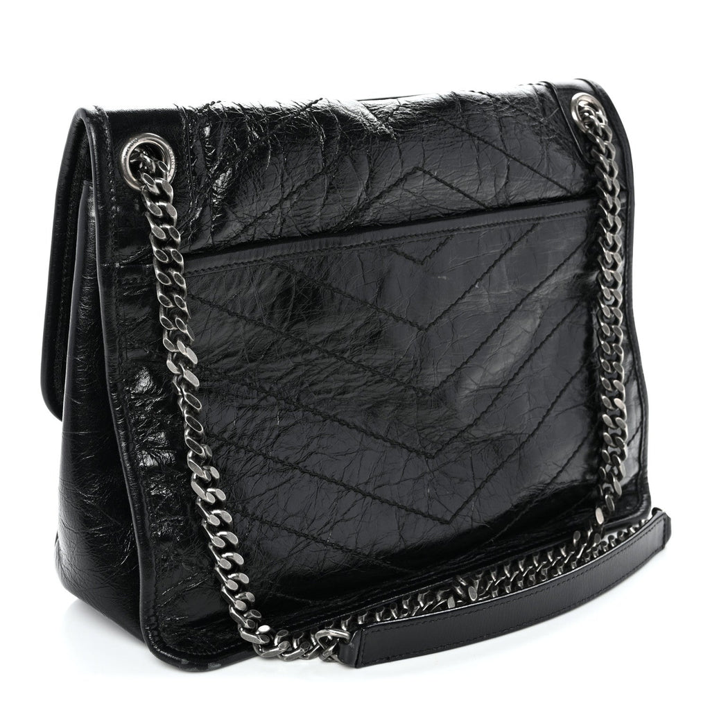 Crinkled Calfskin Matelasse Monogram Medium Niki Chain Satchel Black
