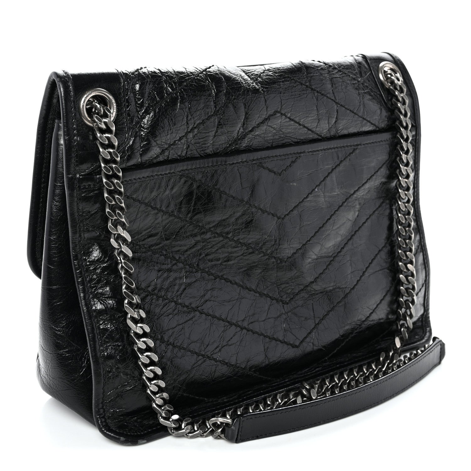 Crinkled Calfskin Matelasse Monogram Medium Niki Chain Satchel Black