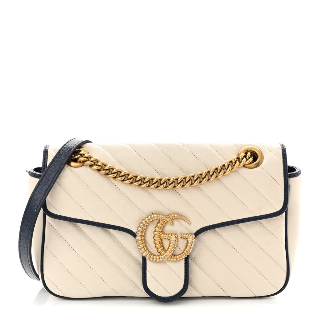 Vintage Effect Calfskin Matelasse Diagonal Small Torchon GG Marmont Shoulder Bag Mystic White Blue Agata