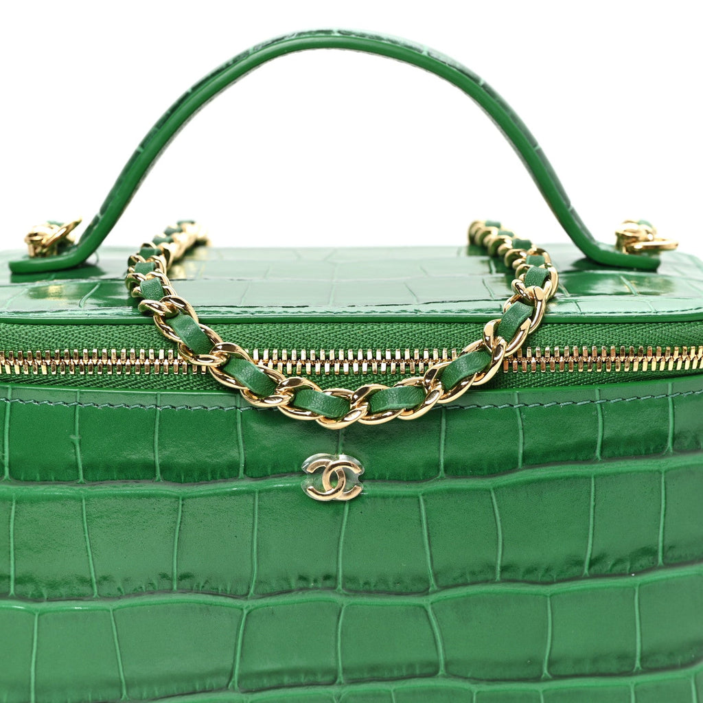 Calfskin Crocodile Embossed Exoticoco Small Top Handle Vanity Case With Chain Black Emerald