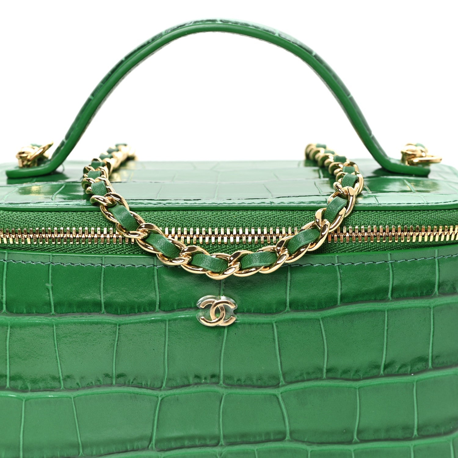 Calfskin Crocodile Embossed Exoticoco Small Top Handle Vanity Case With Chain Black Emerald