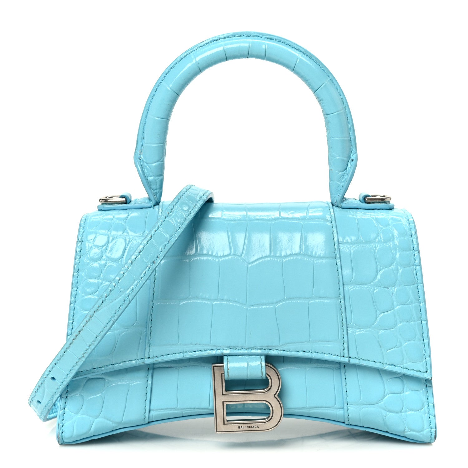 Shiny Calfskin Crocodile Embossed Hourglass Top Handle Bag XS Turquoise