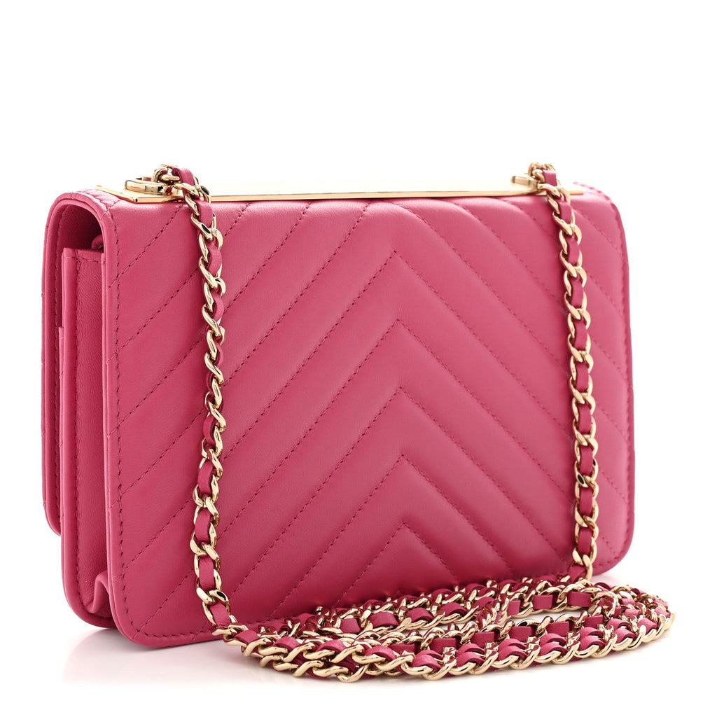 Lambskin Chevron Quilted Trendy CC Wallet On Chain WOC Pink