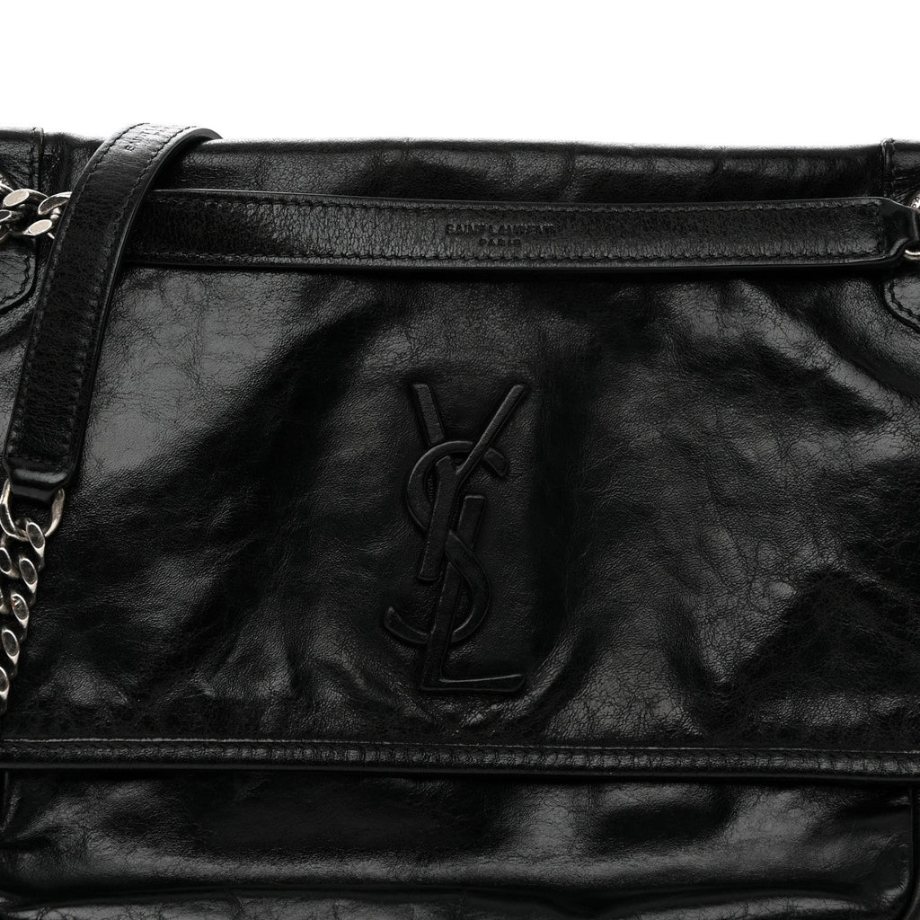 Crinkled Calfskin Monogram Medium Niki Chain Satchel Black
