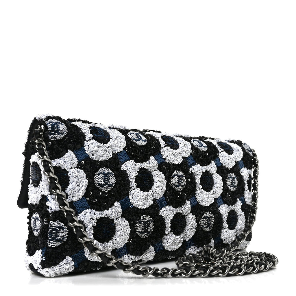 Satin Sequin Embellished Flower East West Flap Black White Blue