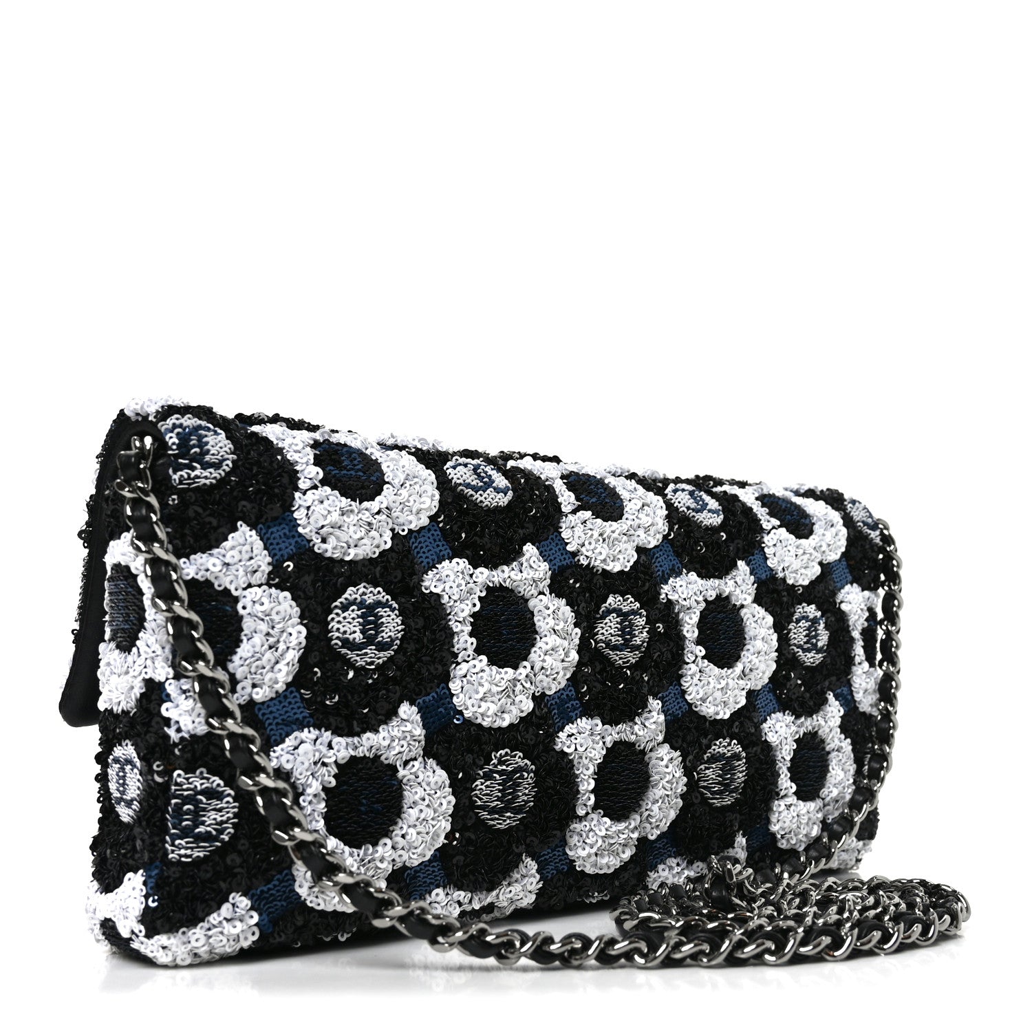 Satin Sequin Embellished Flower East West Flap Black White Blue