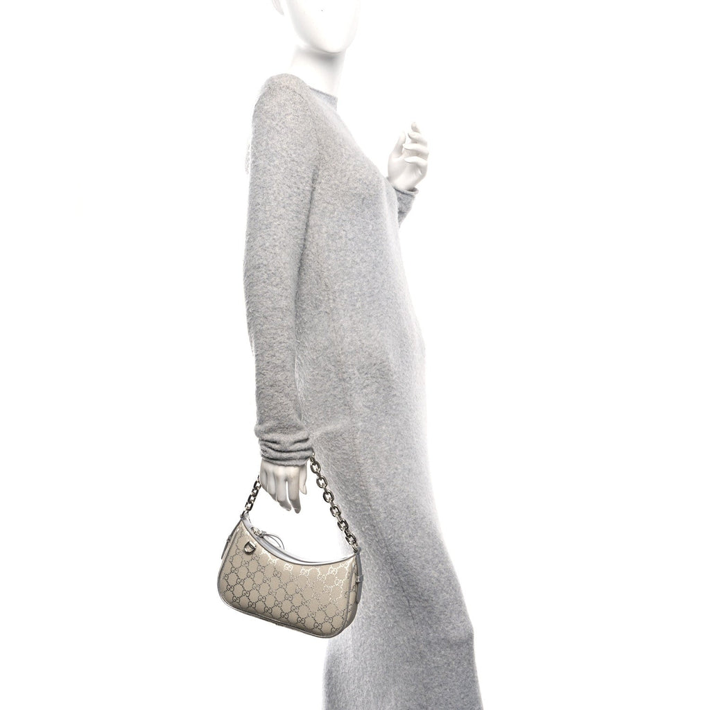 GG Supreme Monogram Metallic Calfskin Small Emblem Shoulder Bag Beige Silver