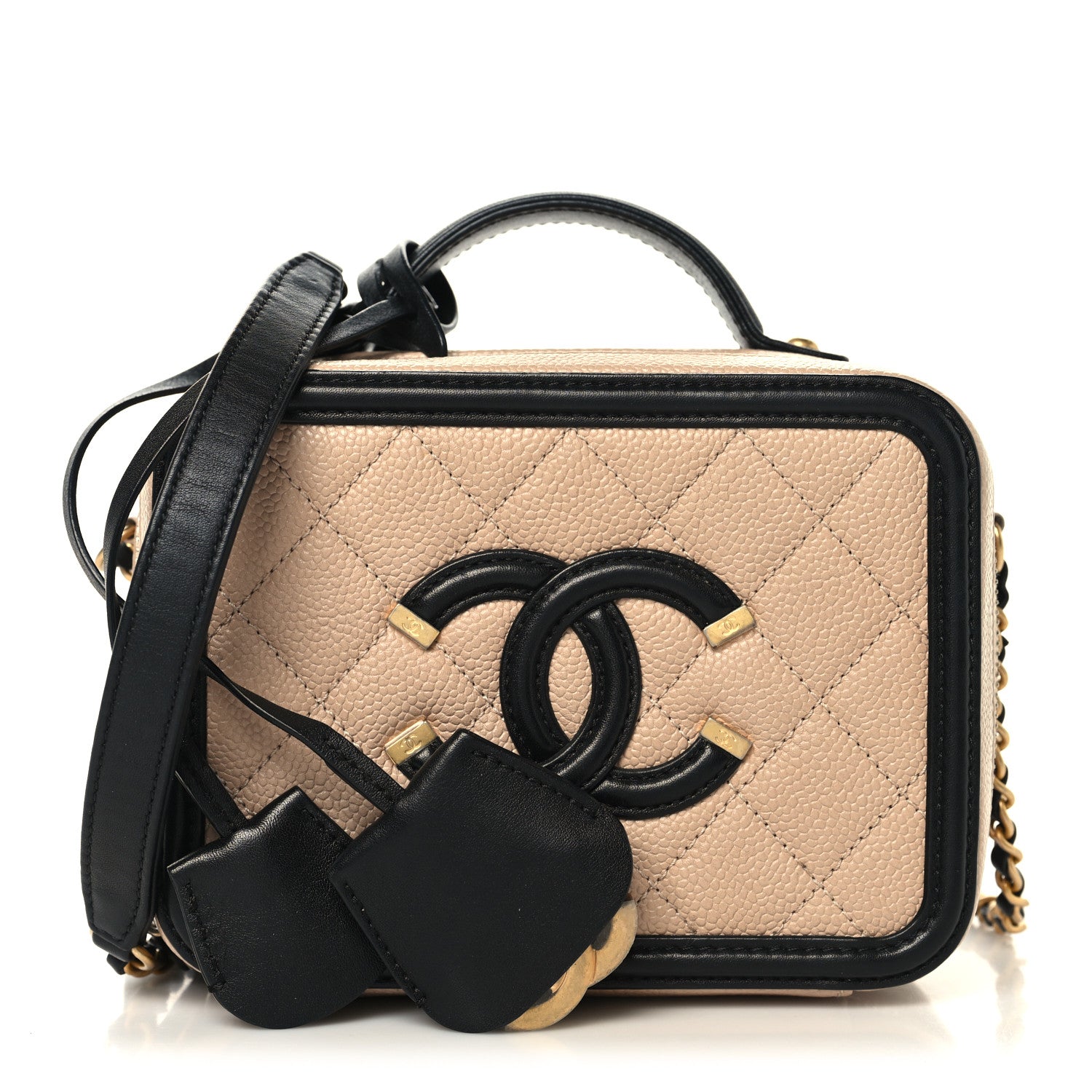Caviar Quilted Small CC Filigree Vanity Case Beige Black Beige Black