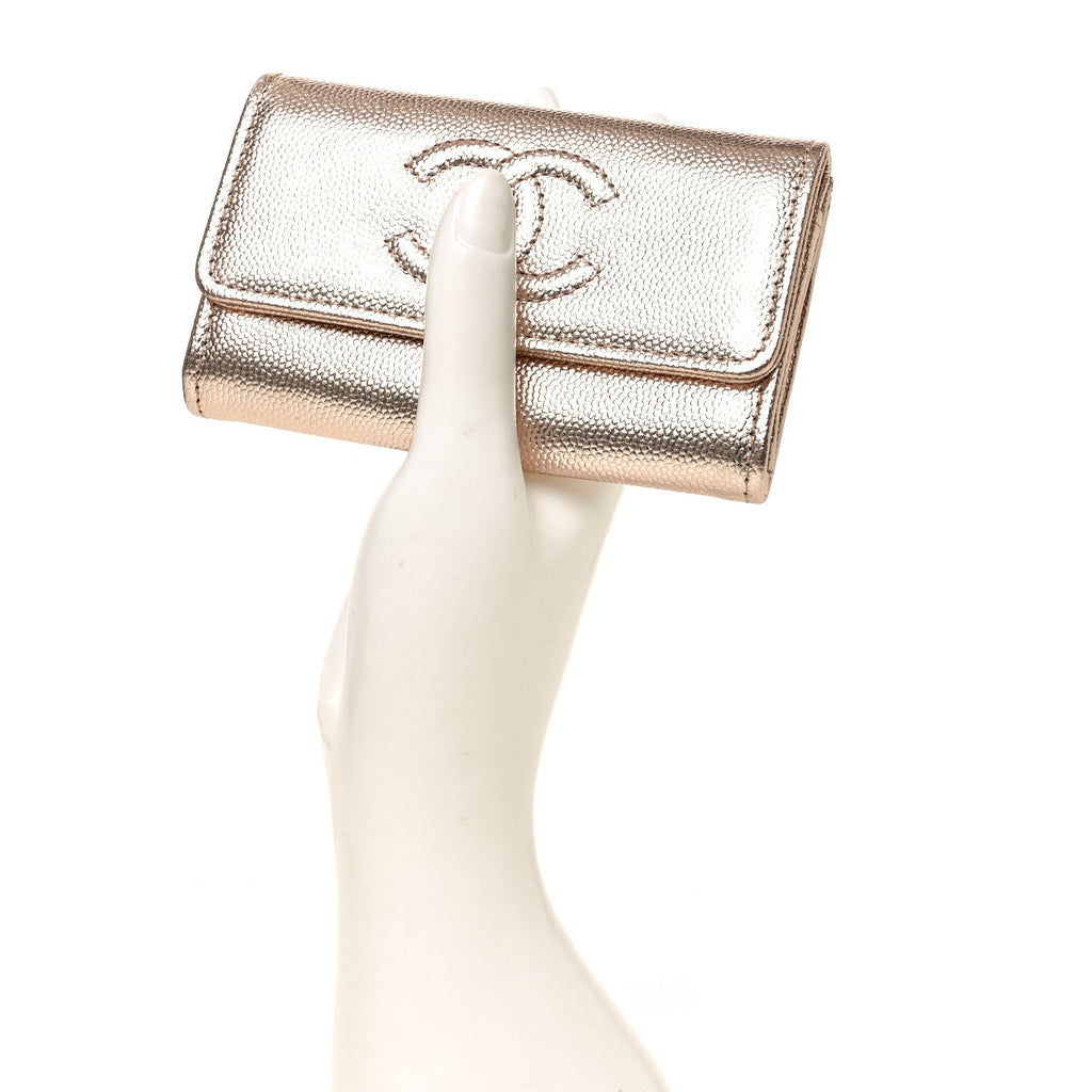 Metallic Caviar Quilted CC Flap Card Holder Copper