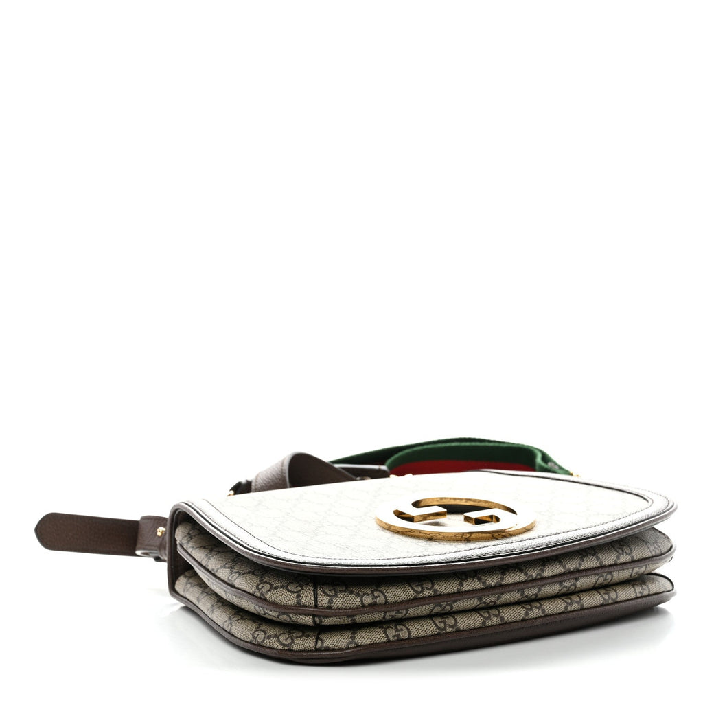 GG Supreme Monogram Textured Dollar Calfskin Web Medium Blondie Top Handle Shoulder Flap Bag Beige Ebony New Acero