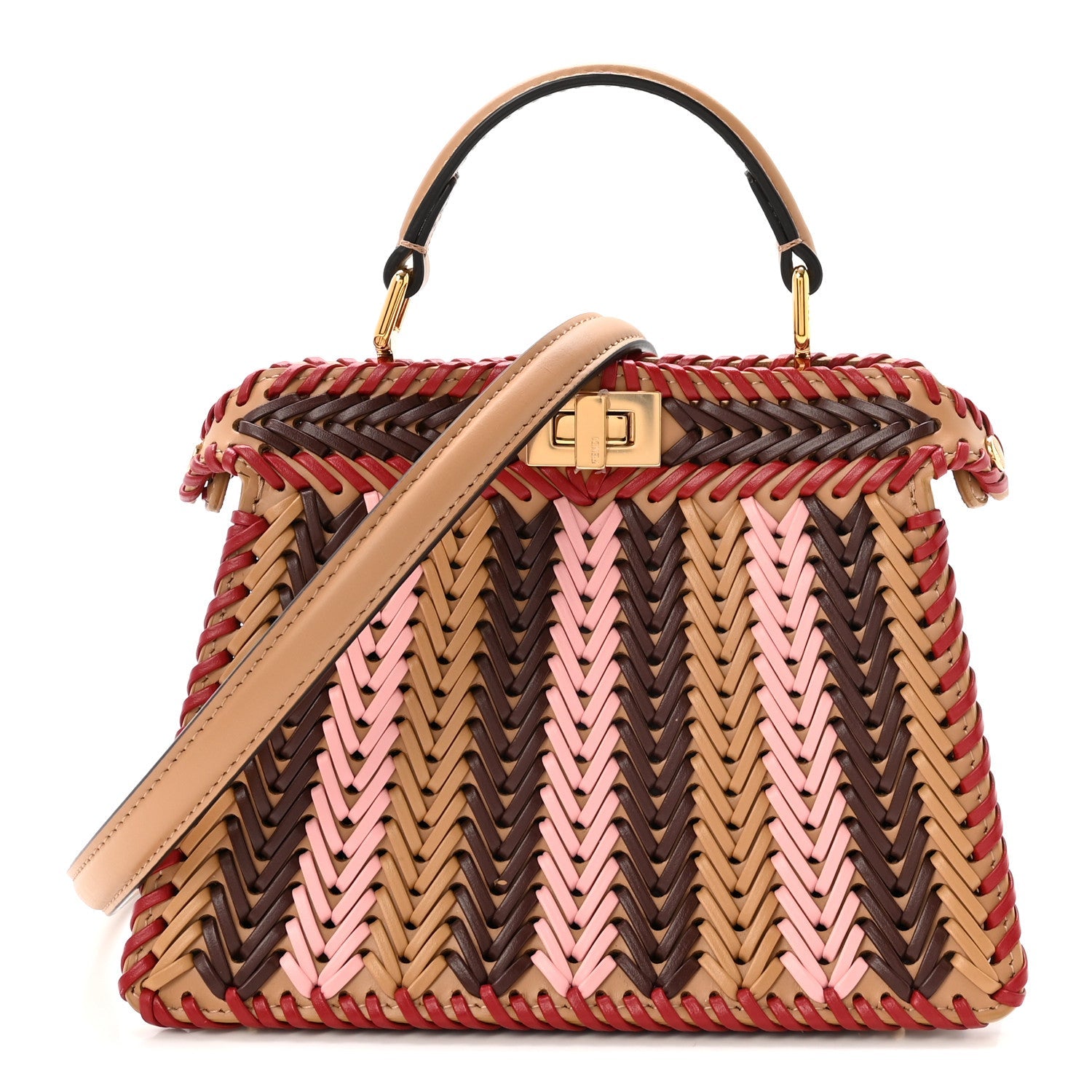 Vitello King Shiny Nappa Intreccio Petite Peekaboo I SEE U Satchel Miel Mogano Rosa Fragola