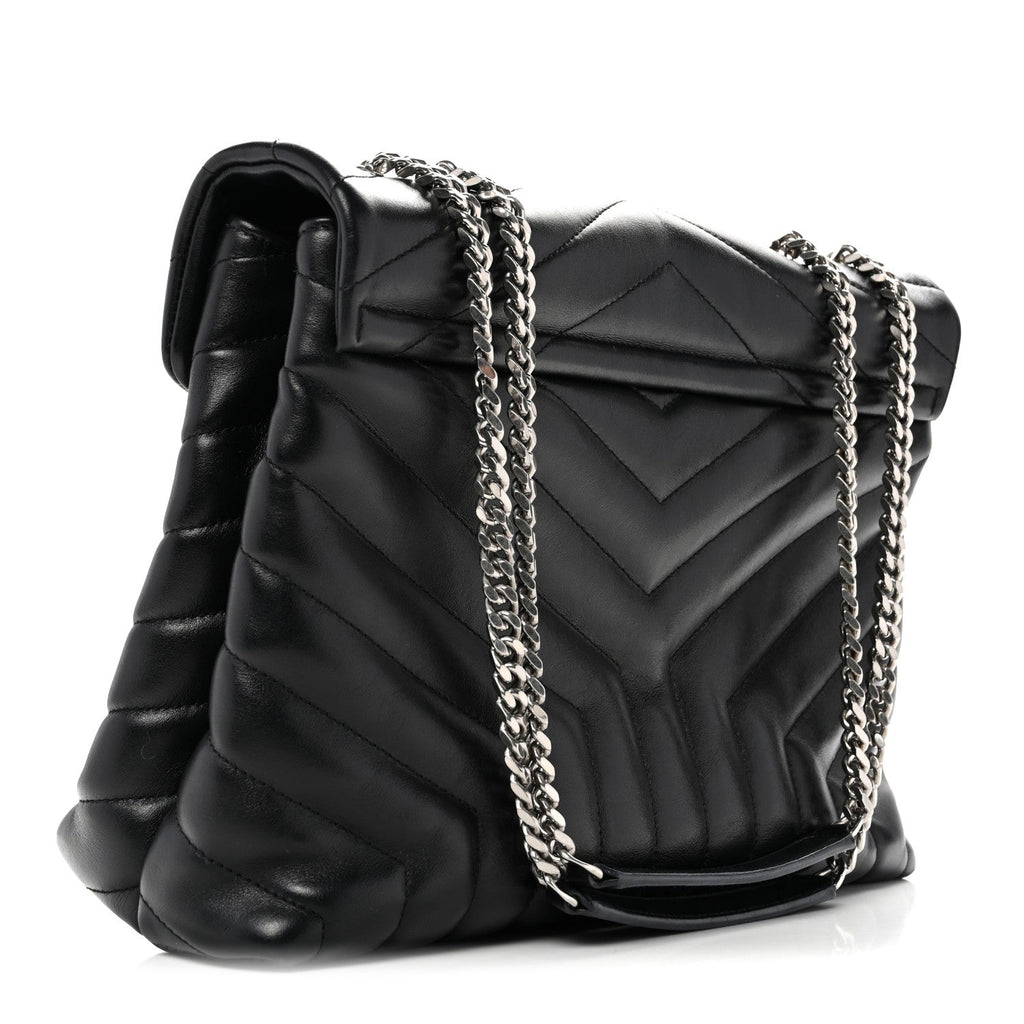 Calfskin Y Quilted Monogram Medium Loulou Chain Satchel Black