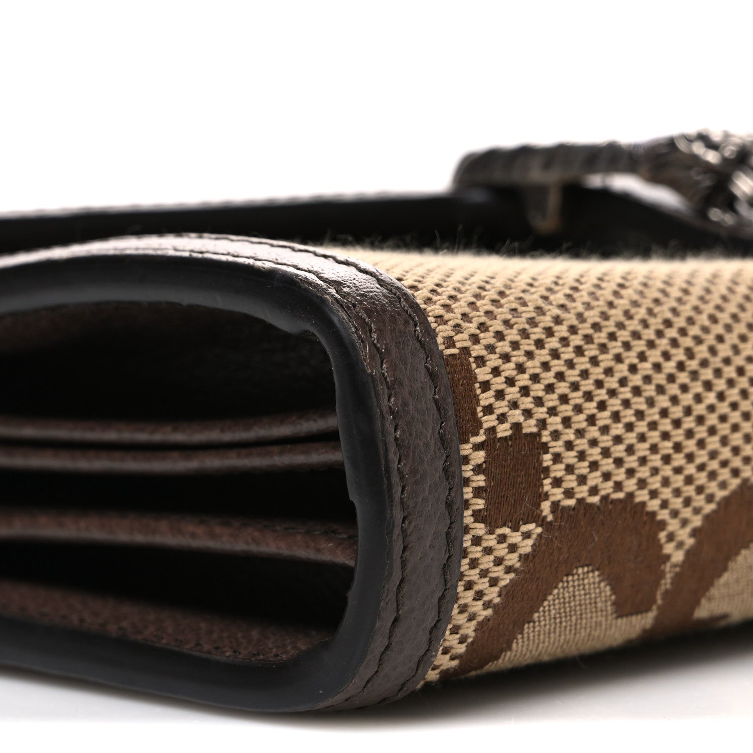 Monogram Jumbo GG Textured Dollar Calfskin Mini Dionysus Chain Wallet Camel Ebony New Acero