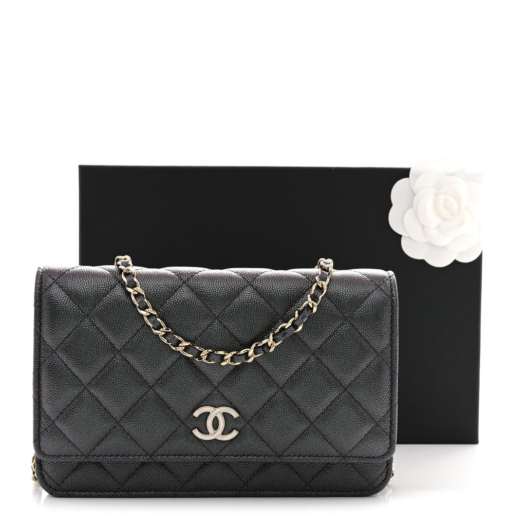 Iridescent Caviar Quilted Wallet on Chain WOC Dark Blue