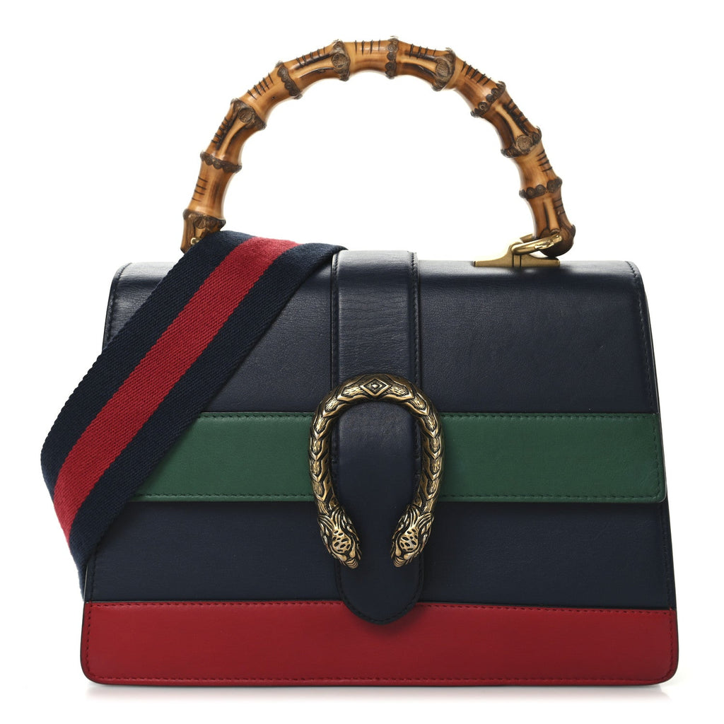 Moon Calfskin Bamboo Web Medium Dionysus Top Handle Bag Blue Emerald Hibiscus Red