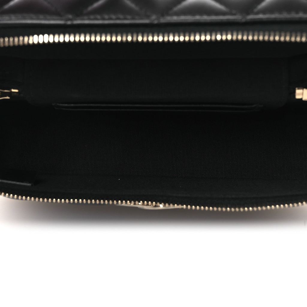 Lambskin Quilted Crystal CC Top Handle Slim Vanity Case With Chain Black