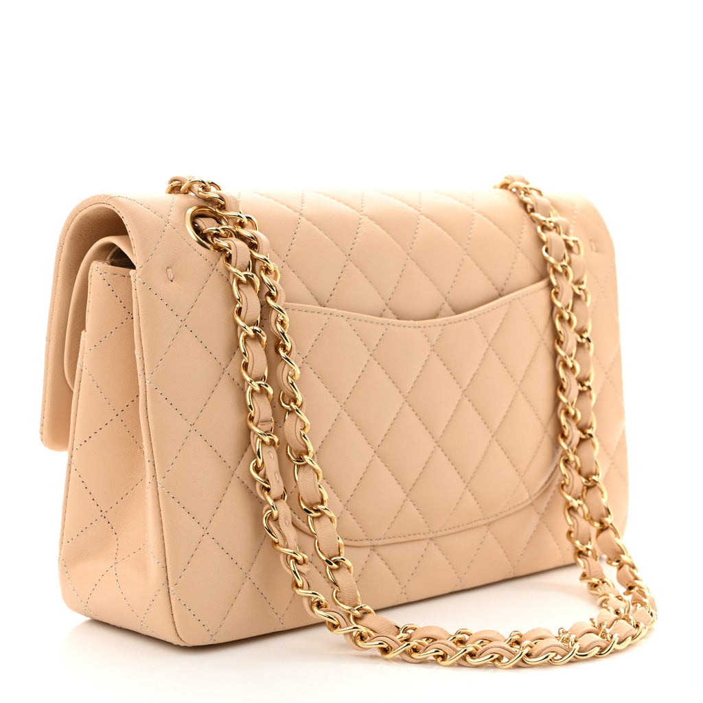 Lambskin Quilted Medium Double Flap Beige