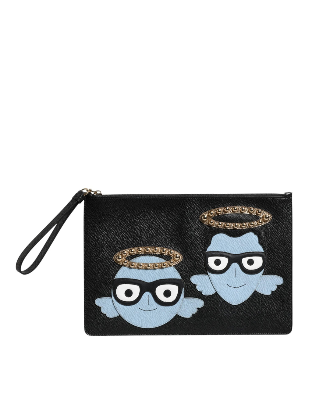 Dolce & Gabbana Black Leather #DGFAMILY Embellished Men Zip Pouch Men's Bag