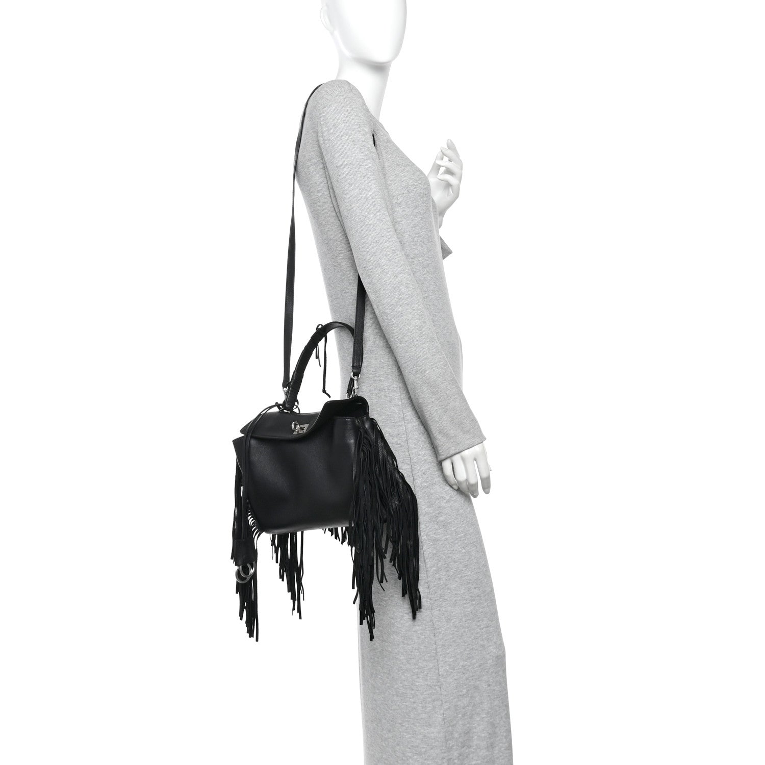 Natural Smooth Madeline Calfskin Fringes Small Rodeo Top Handle Handbag Black