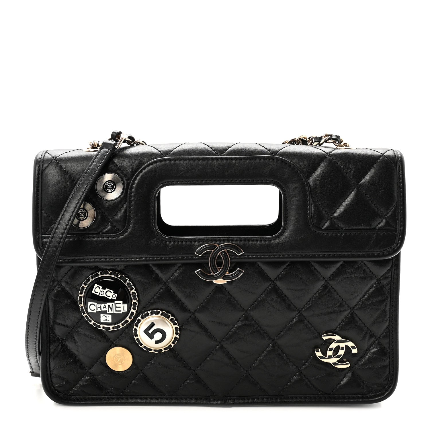 Aged Calfskin Charms Flap Bag Black