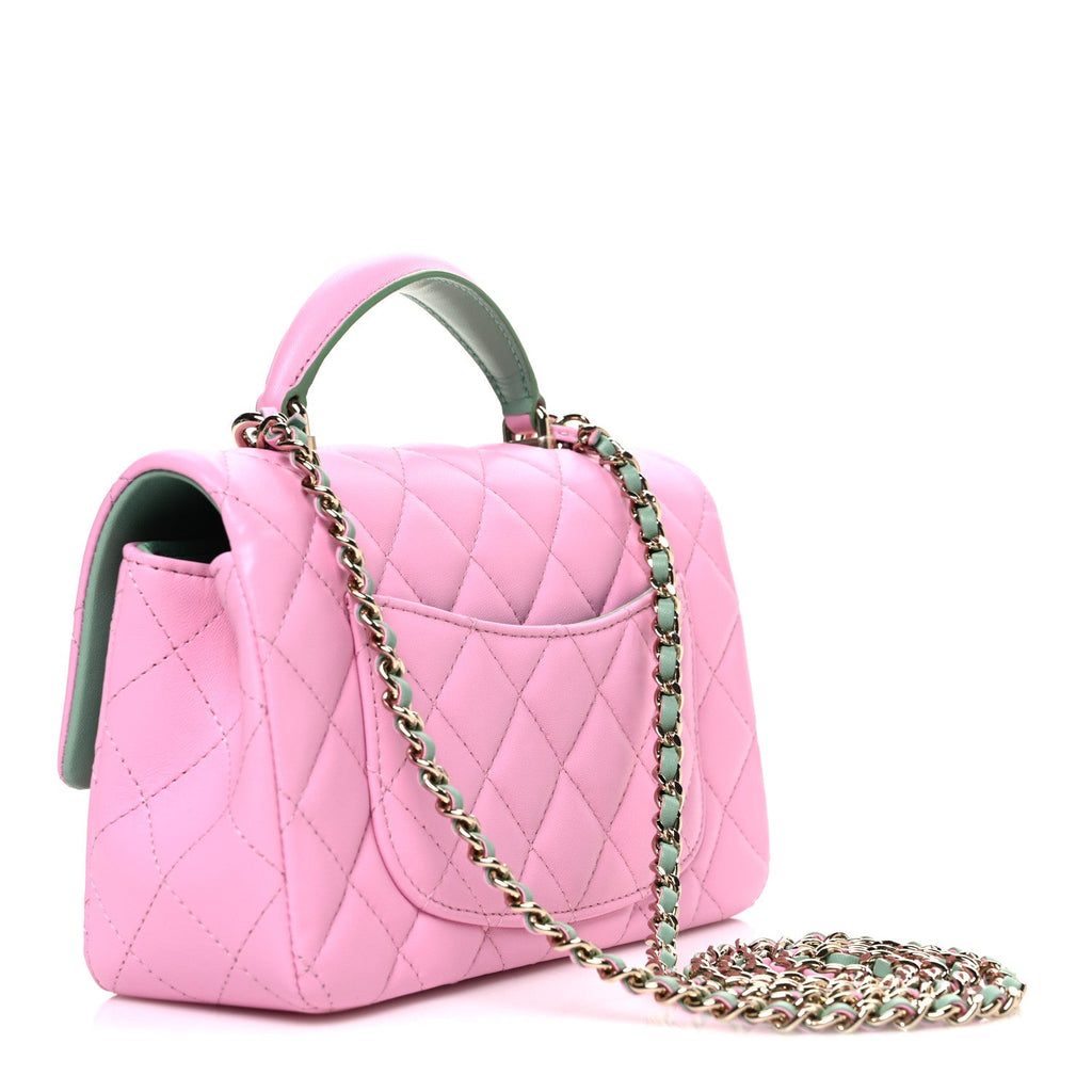 Lambskin Quilted Mini Top Handle Rectangular Flap Pink Green