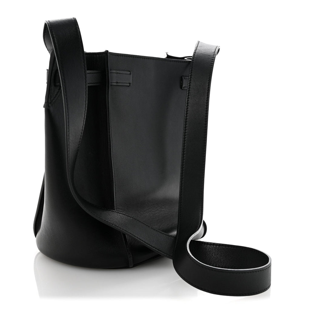 Supple Grained Calfskin Long Strap Big Bag Bucket Black